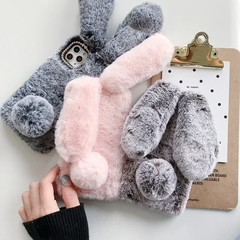 Soft Plush Case For iPhone 13 14 15 16 11 12 Pro XR X Xs Max 3D Furry Rabbit Bunny Warm Fur Hair Cover