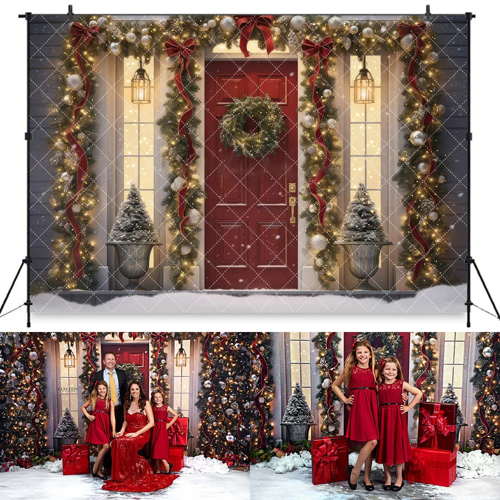 

Crimson Christmas Door Photo Background Snow Xmas Garland Lighting Photography Backdrops Kids Family Portrait Photo Studio Props