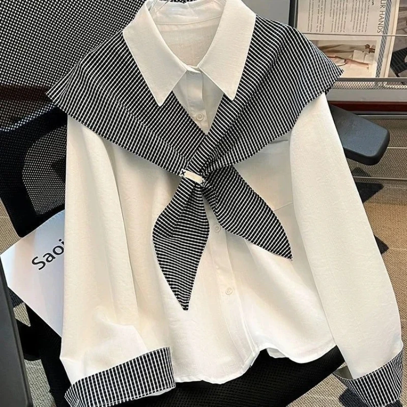 

Korean Striped Contrast Patchwork Shirt Tops Women Clothing Long Sleeve Neck Fashion Blouse Lazy Style Trend Spring Autumn