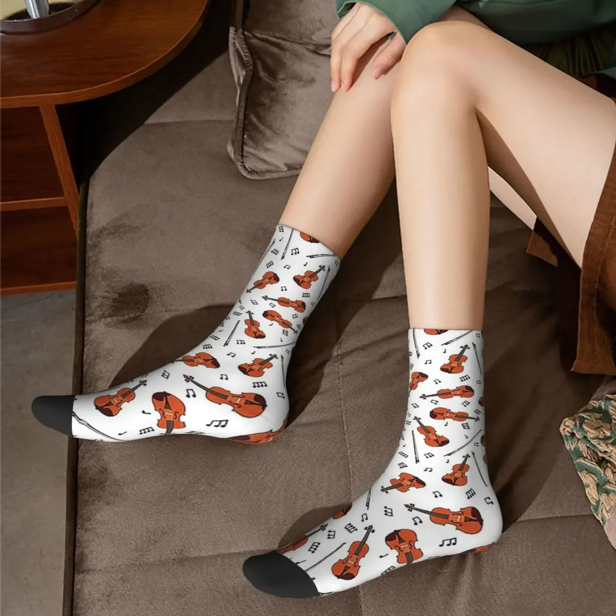 Violin And Music Notes Socks Harajuku High Quality Stockings All Season Long Socks Accessories for Man Woman's Birthday Present