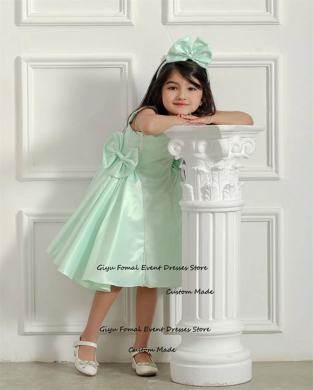 Giyu Fairy-Vestido de casamento verde infantil, colarinho quadrado, vestidos para meninas drapeadas, vestido formal de aniversário, florista