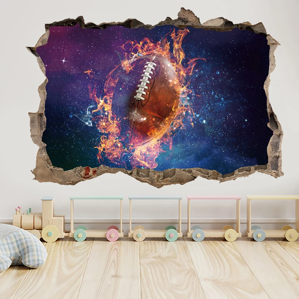 

3D Brokenwall Creative Rugby Basketball Football Baseball Fire Wall Stickers Boys Room Decorative Stickers decoracion