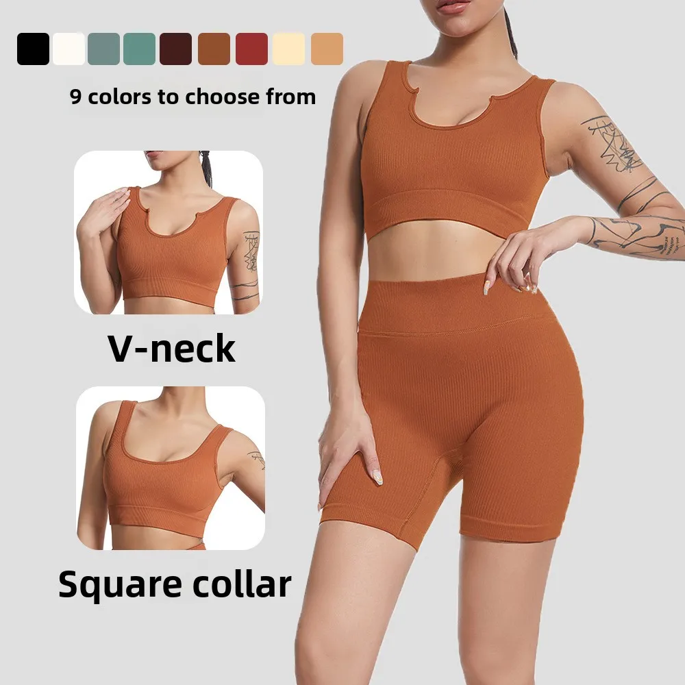 

Бесшовные ребристые комплекты для йоги, комплекты для тренировок для женщин, спортивные костюмы, ребристые укороченные шорты с высокой талией, наряды для фитнеса, бега