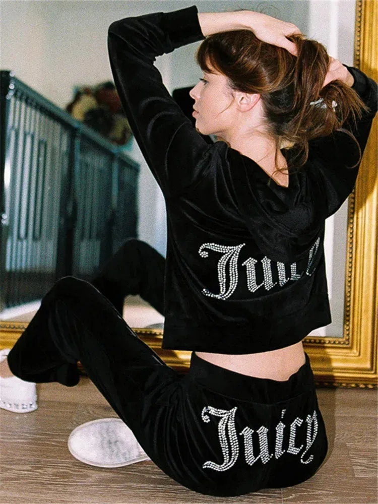 Two Piece Set Diamonds Hoodie Crop Jacket And Joggers Pants Outfits Streetwear Jogging Suits Juicy Corture Tracksuit