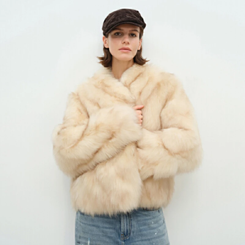 سترة نسائية من فرو الثعلب الصناعي معطف شتوي سميك ودافئ متدرج وأكمام طويلة أنيق غير رسمي ملابس خارجية أمريكية كسول للشارع