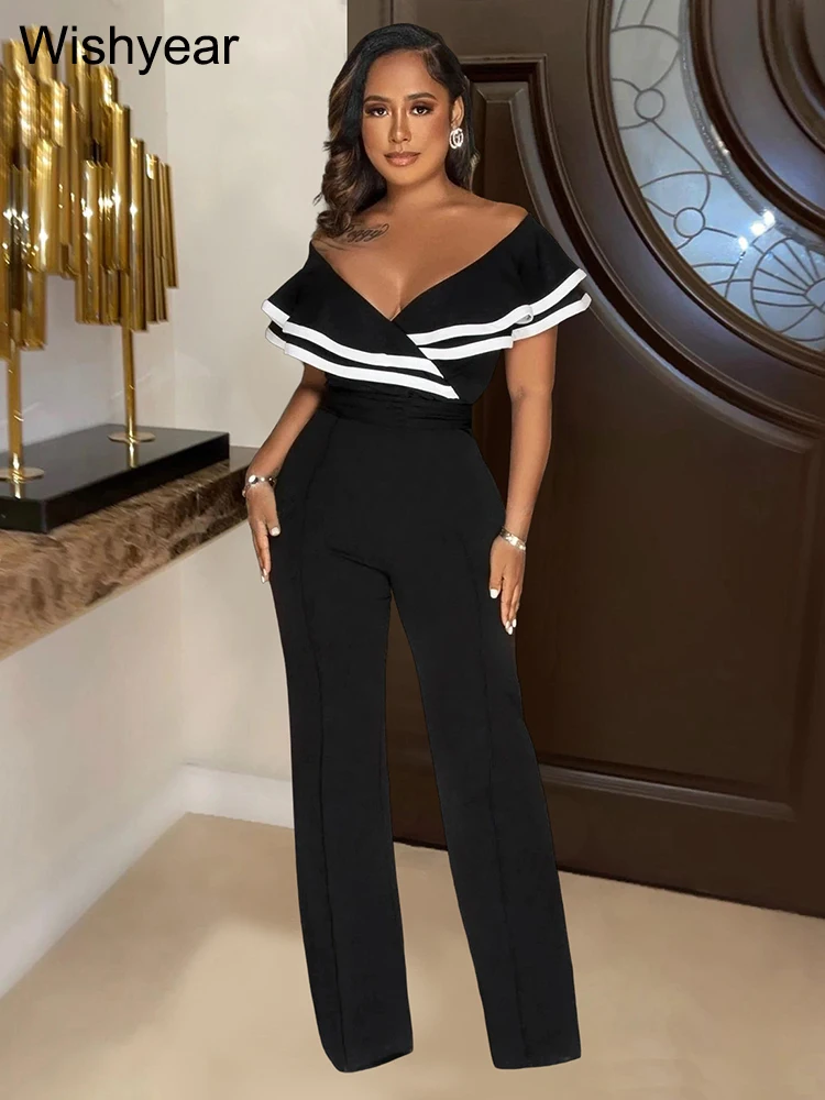 

Wishyear Elegant Black White Trim Ruffle Wide Legs Pants Women Long Jumpsuit One Piece Outfits Female Birthday Overall Rompers