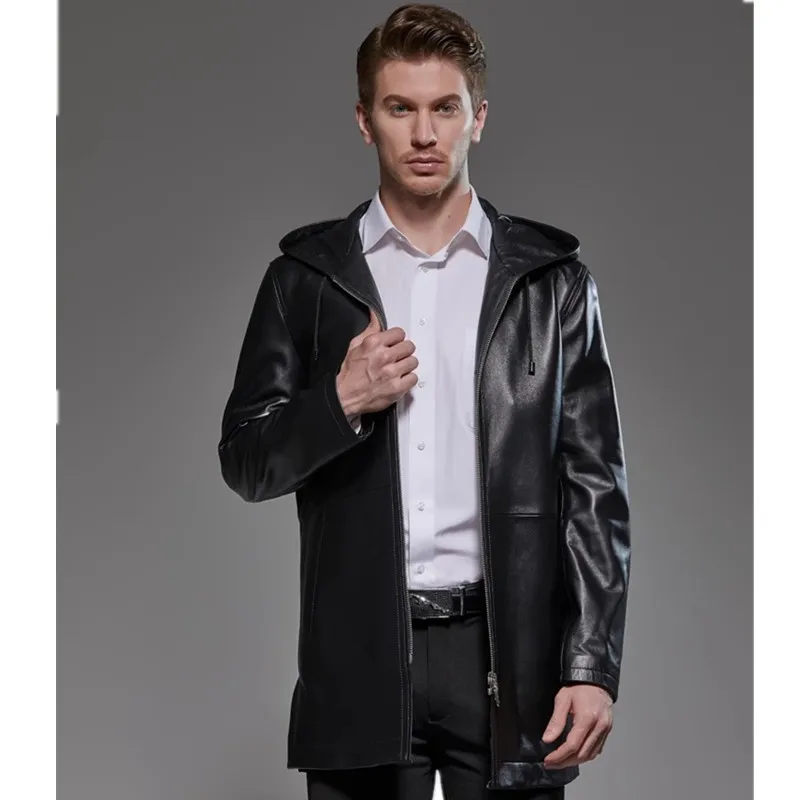 Chaqueta de cuero negro con capucha para hombre, gabardina de piel de oveja de longitud media, talla grande, Otoño e Invierno