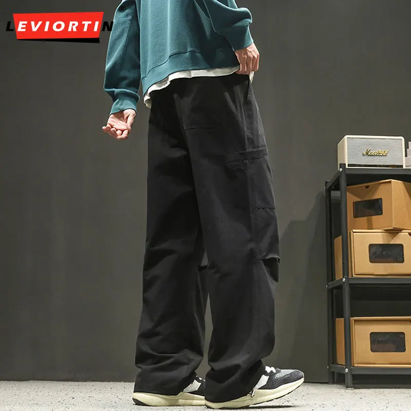 Men\'s 100% Cotton Cargo Workwear Pants - Oversized Streetwear Joggers Drop-Crotch Straight Leg Trousers with Drawstring Waist