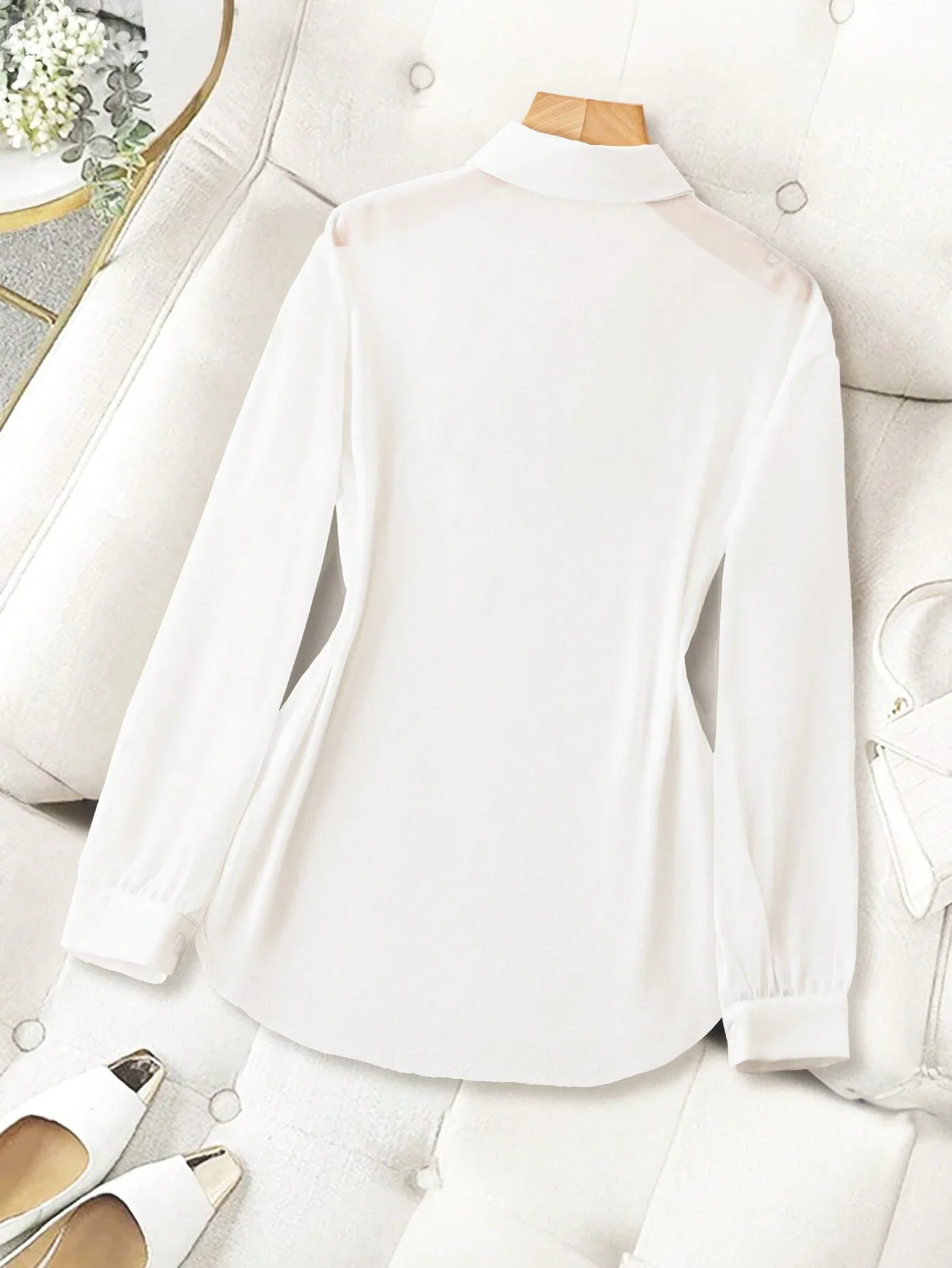 

White Transparent Plain Collared Long Sleeve Shirt For Women