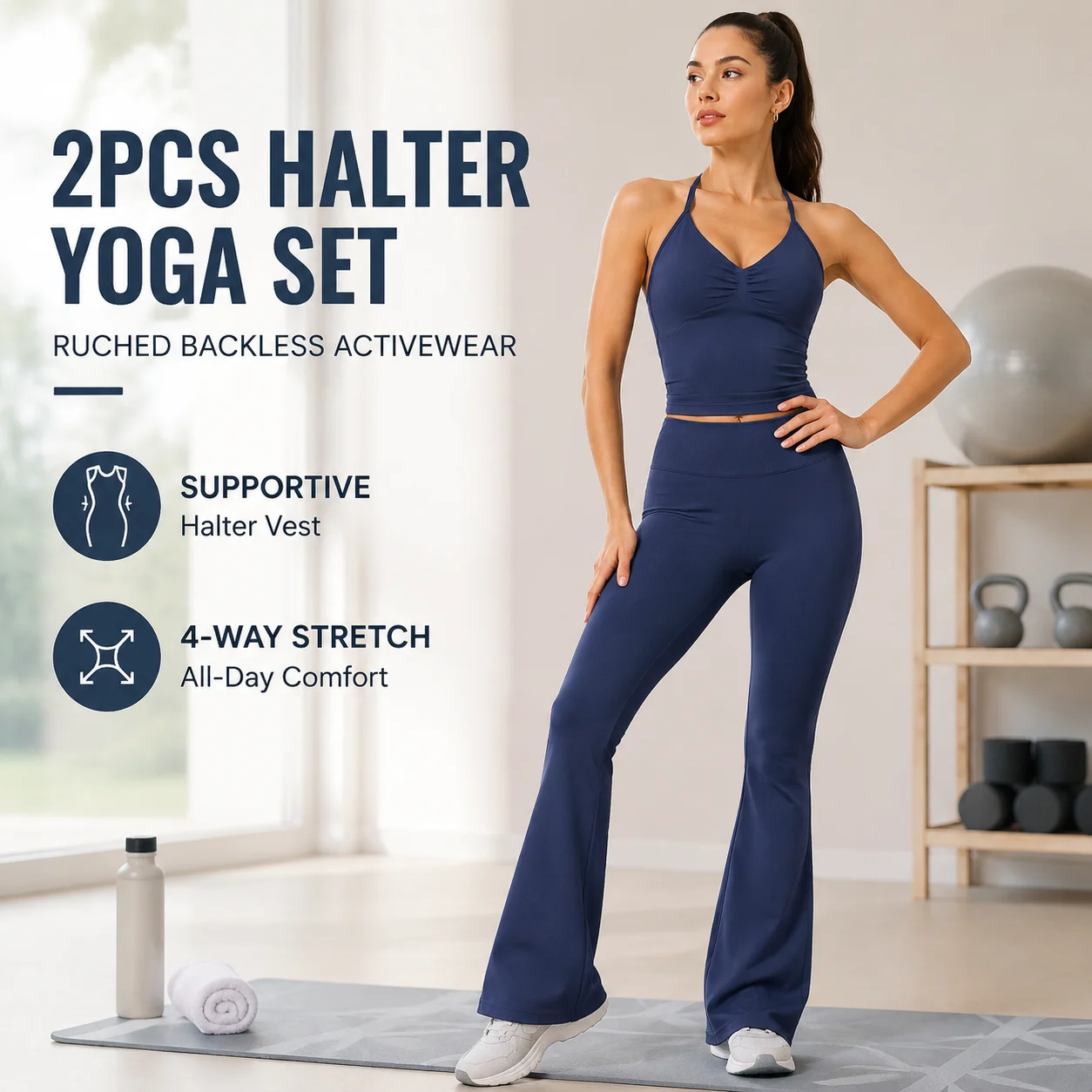Women 2PCS Halter Yoga Vest Sets Ruched Backless High Waist Flared Pants Workout Fitness Activewear Matching Outfit