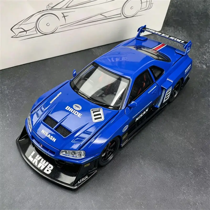 Carro Esportivo Silvia GT-R R34 ER34 em Escala 1:24, Modificado com Carroceria Larga, Modelo de Metal Fundido para Pista, com Luz e Som, Presente para Crianças