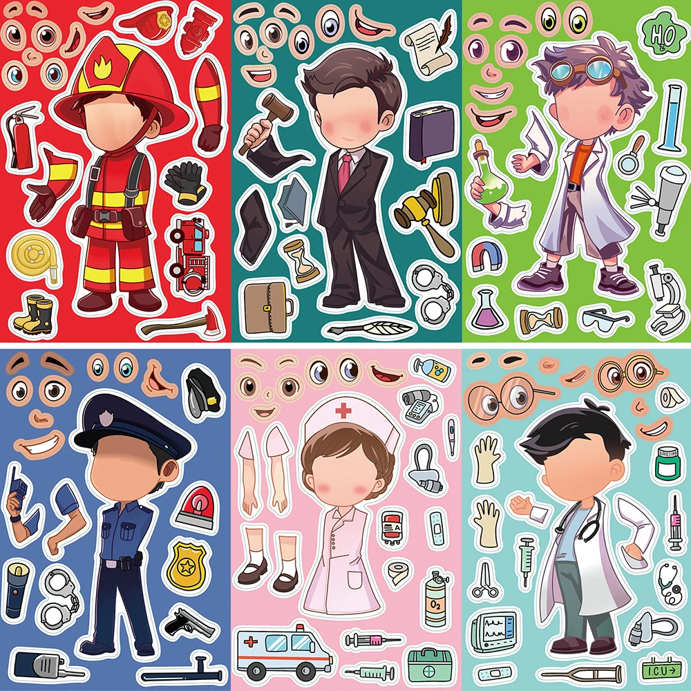 8/16sheets Cartoon Professional Doctor Firefighter Puzzle Stickers Cute Make Your Own DIY Game Fun Creative Assemble Jigsaw Toys