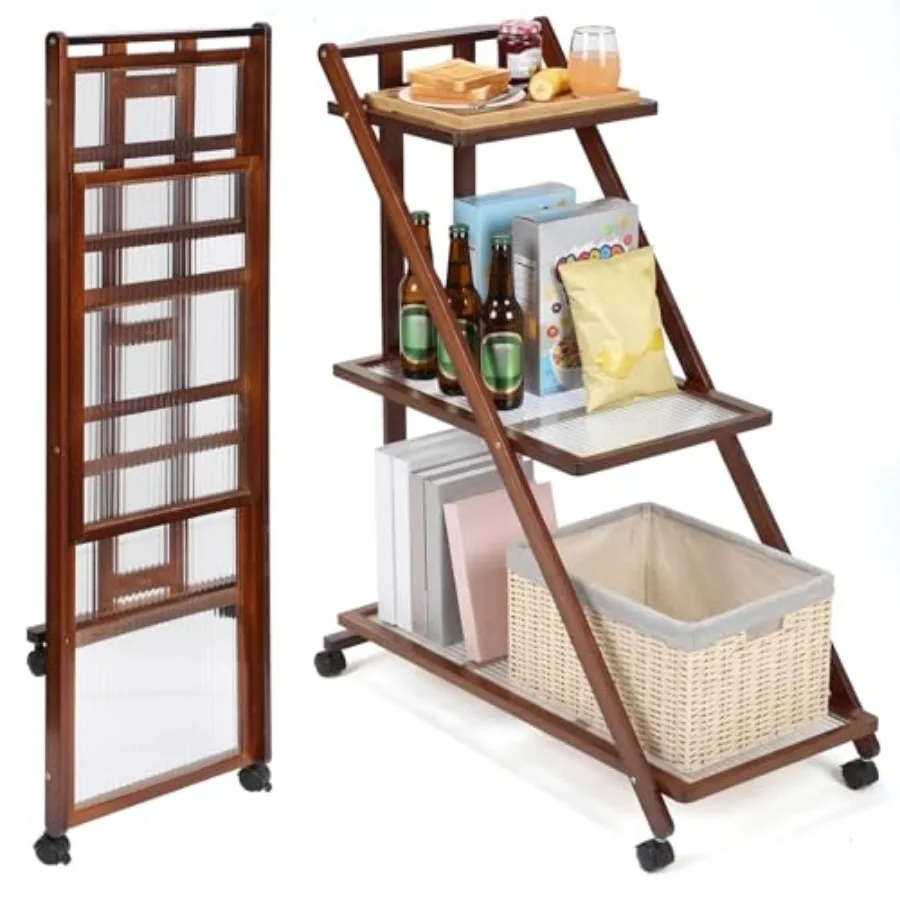 

3 Tier Bamboo Rolling Cart Foldable with Lockable Wheels Natural Bamboo Storage Trolley for Kitchen Living Room Bedroom Office