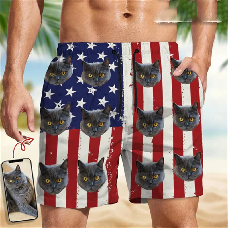 Harajuku 3D America Flag Printed Beach Shorts For Men Funny Custom Face Graphic Swimming Trunks Women Fashion Board Shorts Pants