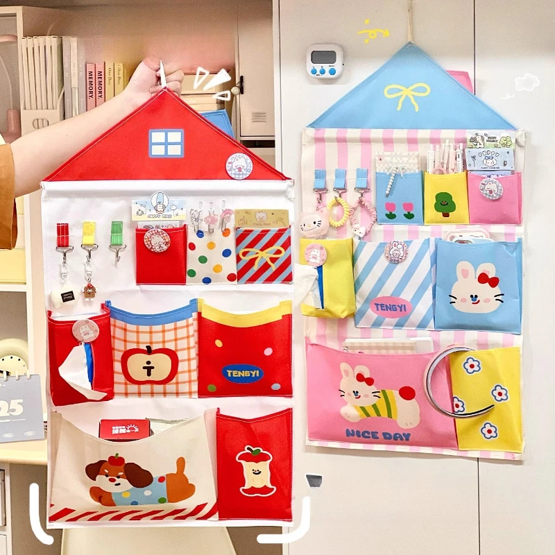 

Kawaii Hanging Bag Decoration Woman Girls Door Wall Mounted Storage Organizer Bags with Hooks Pockets Multi Layer Hanging Bags