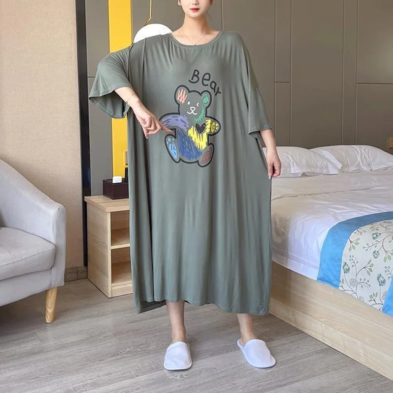 【بيجامة بمقاس كبير】150 كجم يمكن ارتداؤها فساتين نوم طويلة كبيرة الحجم للنساء مقاس كبير وأكمام قصيرة ورقيقة ملابس منزلية فضفاضة