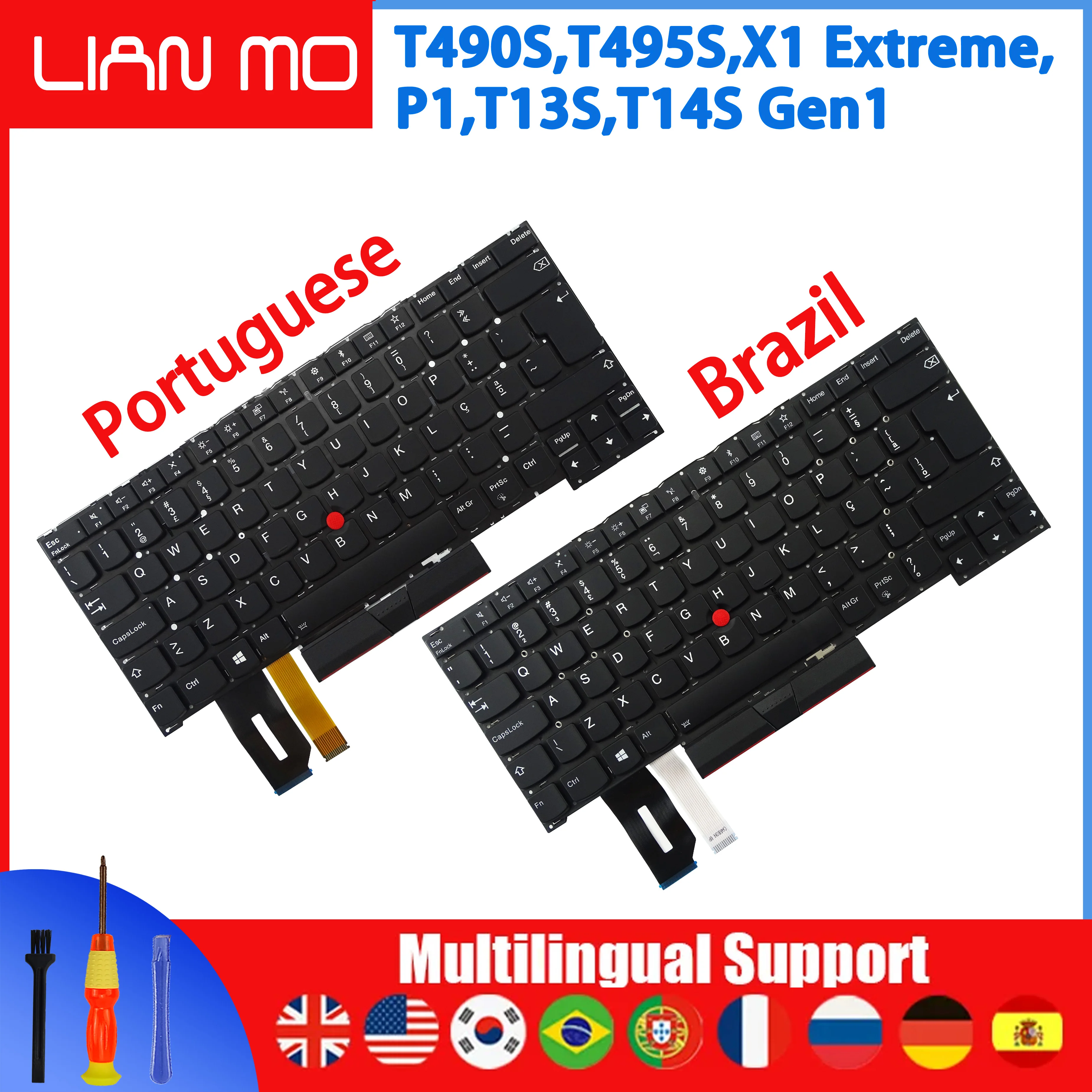 EUA Reino Unido Francês Alemão Espanhol Português Brasil Coreano Notebook teclado para Lenovo ThinkPad T490S T495S P1 Extreme Gen1 Gen2