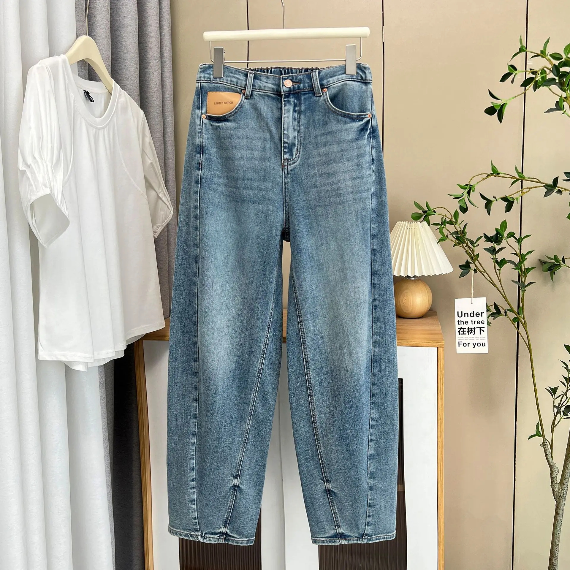 2025 primavera otoño novio Jeans nuevo 100kg diseño Premium curvado de talla grande mujeres Denim Harem pantalones largos 107