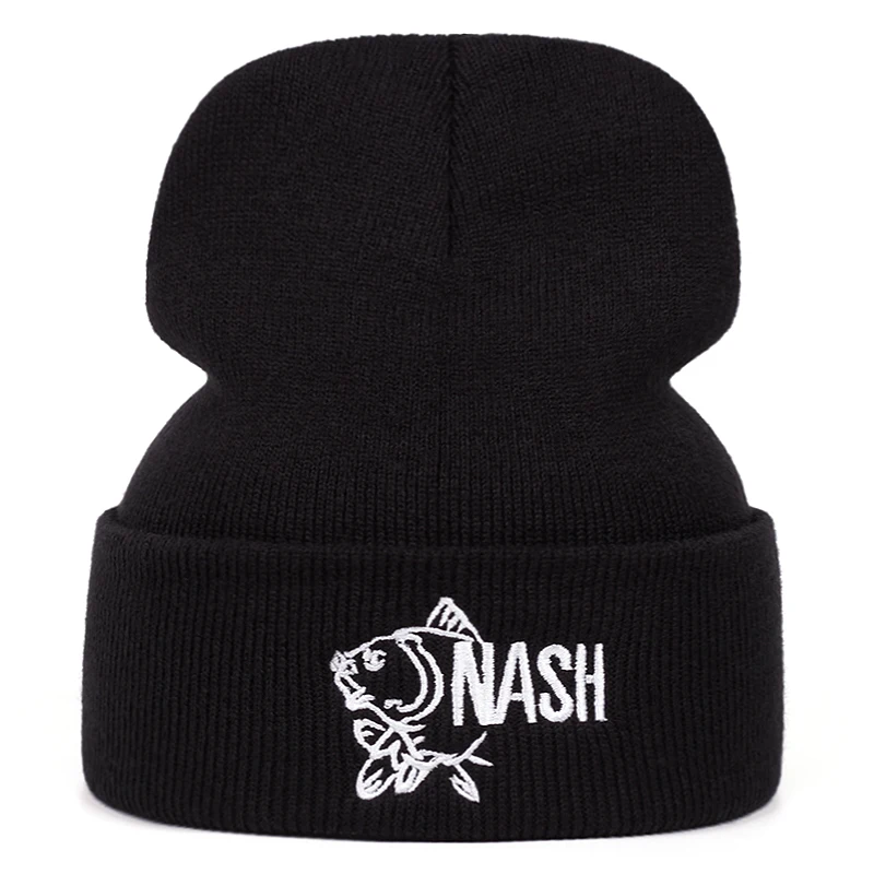 NASH Big Fish embroidered knitted hat, autumn and winter men's and women's outdoor sports event warm woolen hat, Bean hat, cold