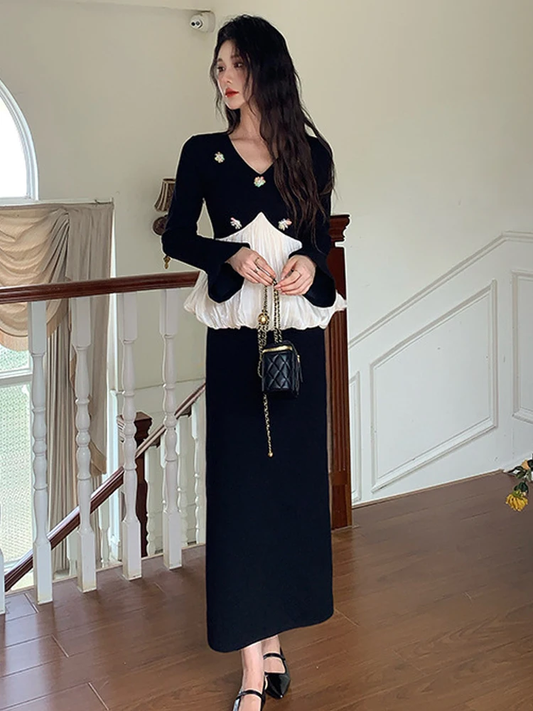 

Women's Celebrity Exquisite 2 Piece Outfit Retro Long Sleeve Tops Elegant Blouse Maxi Skirt Set Female Formal Party Prom Clothes