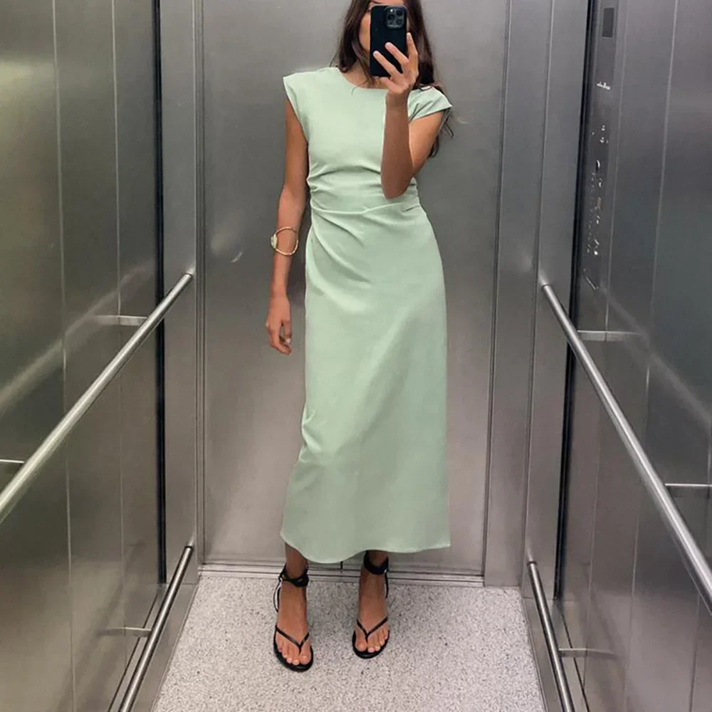 

PRINTKAOIR Ruched Long Dresses For Women 2024 Bodycon Sleeveless Midi Dress Woman Back Zipper Summer Dress Elegant Party Dresses