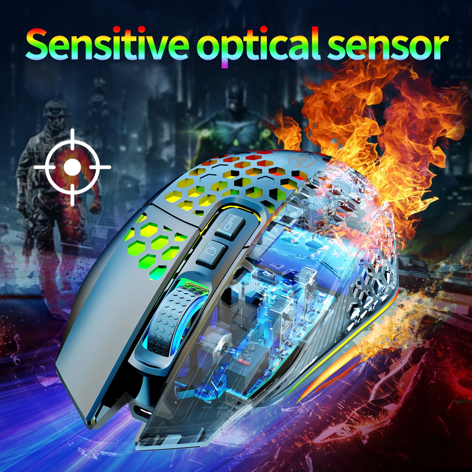 Wireless Gaming Mouse - Ergonomic Design with RGB Lighting, Type-C USB Charging, Honeycomb Shell, Right-Handed, Optical Precisio