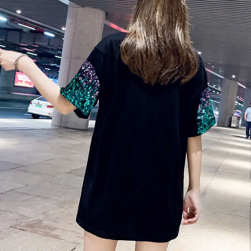 Summer New Round Neck Fashion Short Sleeve T-Shirts Women High Street Casual Loose Pullovers Cotton Sequin Patchwork Chic Tops