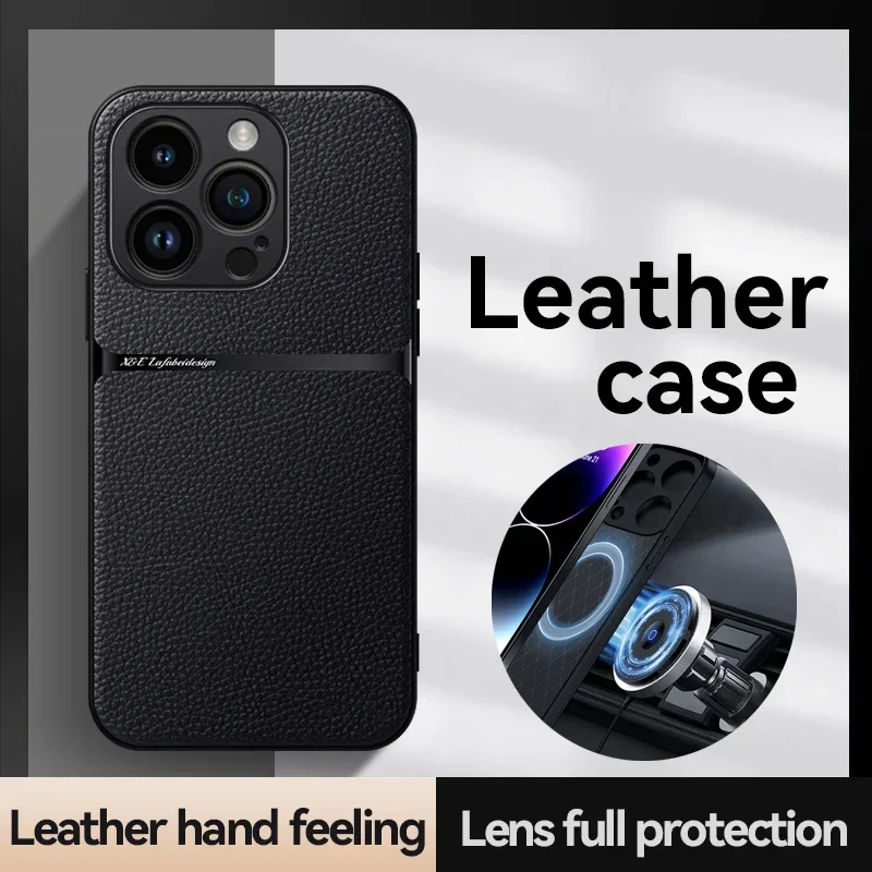 Встроенный чехол для телефона с металлической пластиной для IPhone 14 16E 15 Plus 12 13 11 Pro Max, защита объектива, силиконовая кожаная задняя крышка, мягкие чехлы