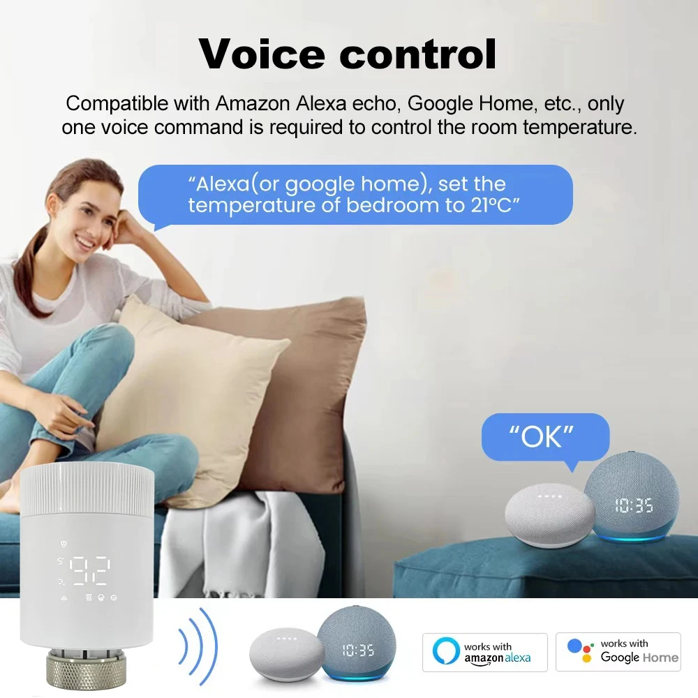 วาล์วควบคุมอุณหภูมิแบบเทอร์โมสแตติก Tuya ZigBee Smart TRV สำหรับหม้อน้ำ ควบคุมอุณหภูมิผ่านเสียง รองรับ Alexa Google Assistant และ 2mqtt