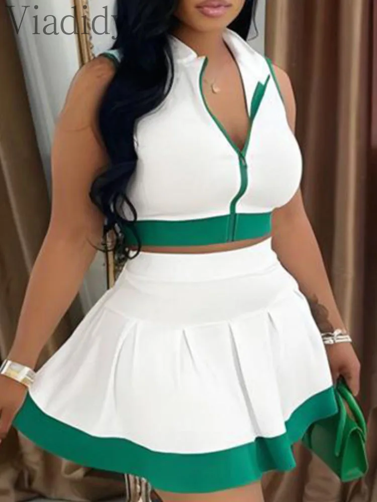 

Women's Casual Colorblock Sleeveless Zipper Front Tank Top and High Waist A-line Mini Skirt 2pcs Set