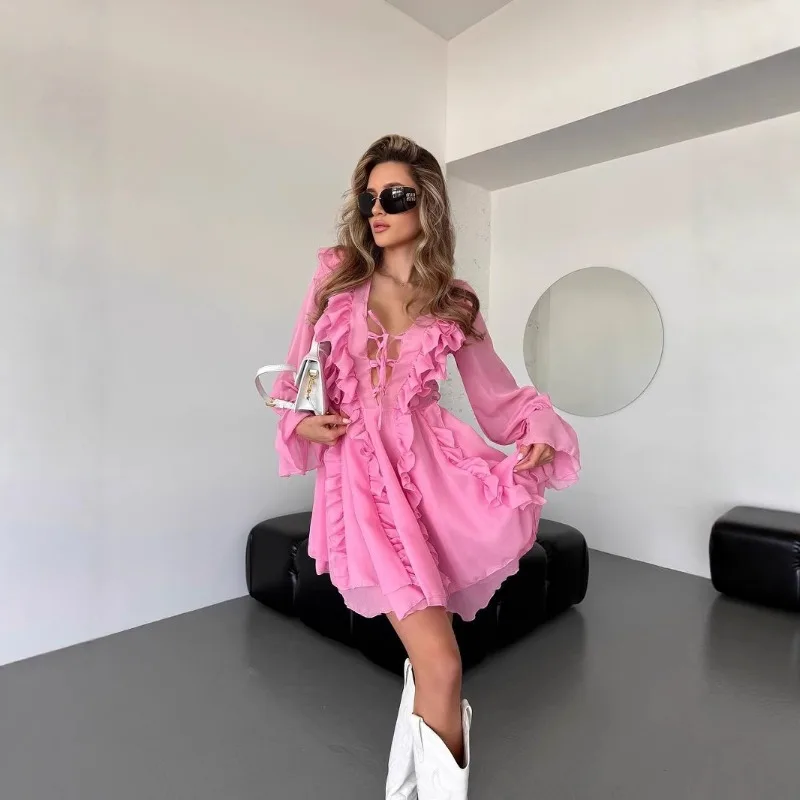 

2025 European and American cross-border elegant chiffon V-neck ruffle edge design dress with lace up long sleeved A-line skirt