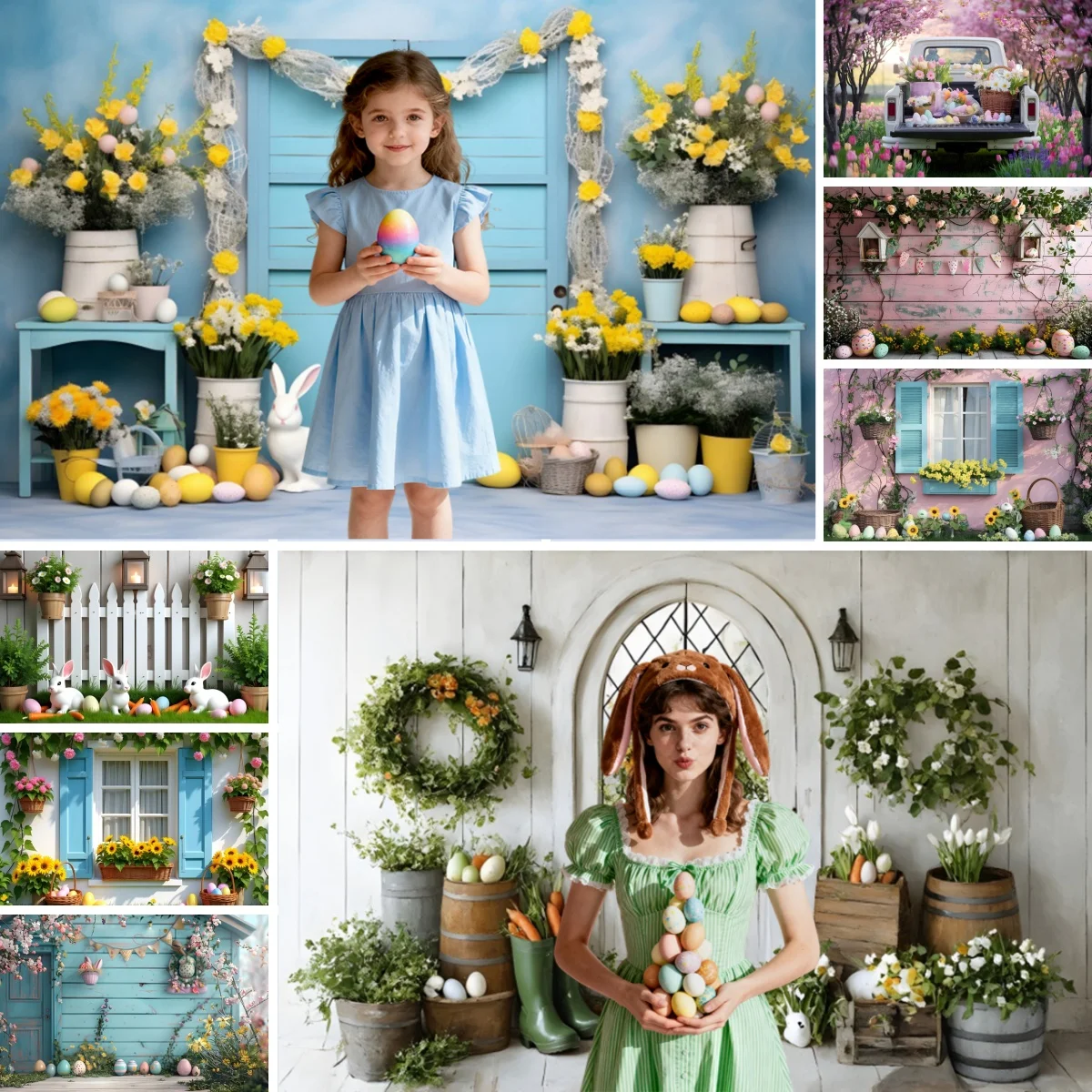 Happy Easter Photography Backdrop Wooden Window Wall Flower Eggs Rabbit Baby Shower Kid Girl Spring Artistic Portrait Background