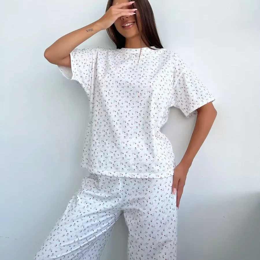 

Women's Pajamas Love Floral Print Short-sleeved Trousers Two-piece Set Fashion Nightwear Casual Loungewear Women's Home Clothes