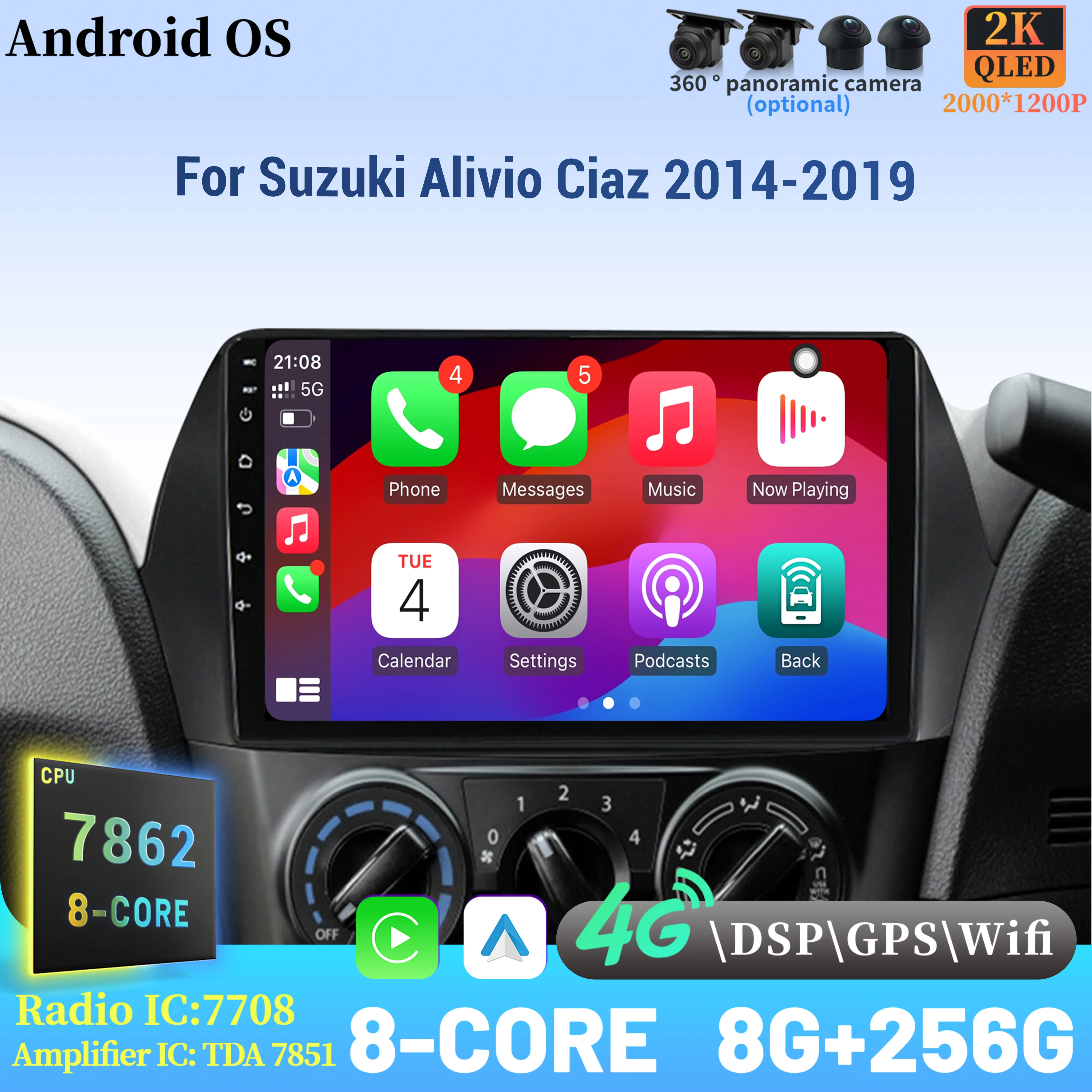 

Android 14 Radio Car Multimedia Player 7862 8+256 Touch 2K QLED Screen For Suzuki Alivio Ciaz 2014-2019 Wireless BT CarPlay