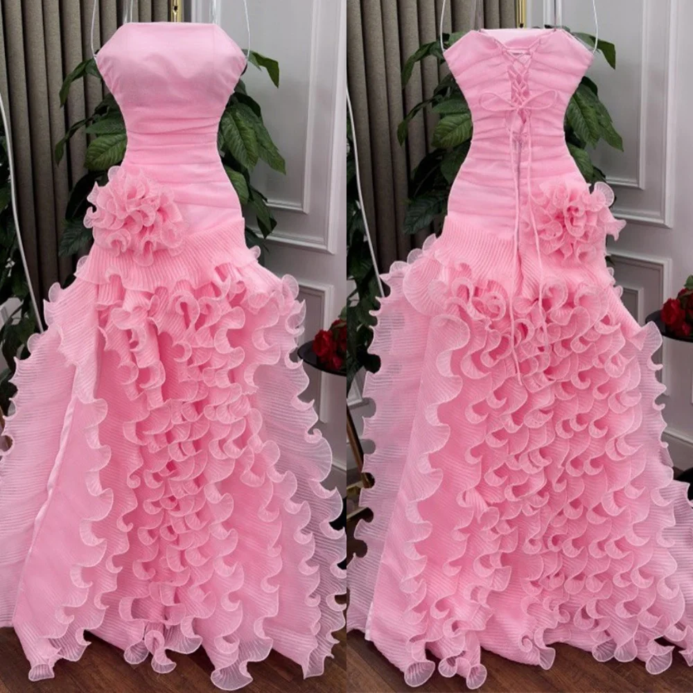 

Customized Luxury Pink Organza Evening Dresses Classic Strapless Sleeveless Homecoming Dresses Lace Up Back Vestido De Festa
