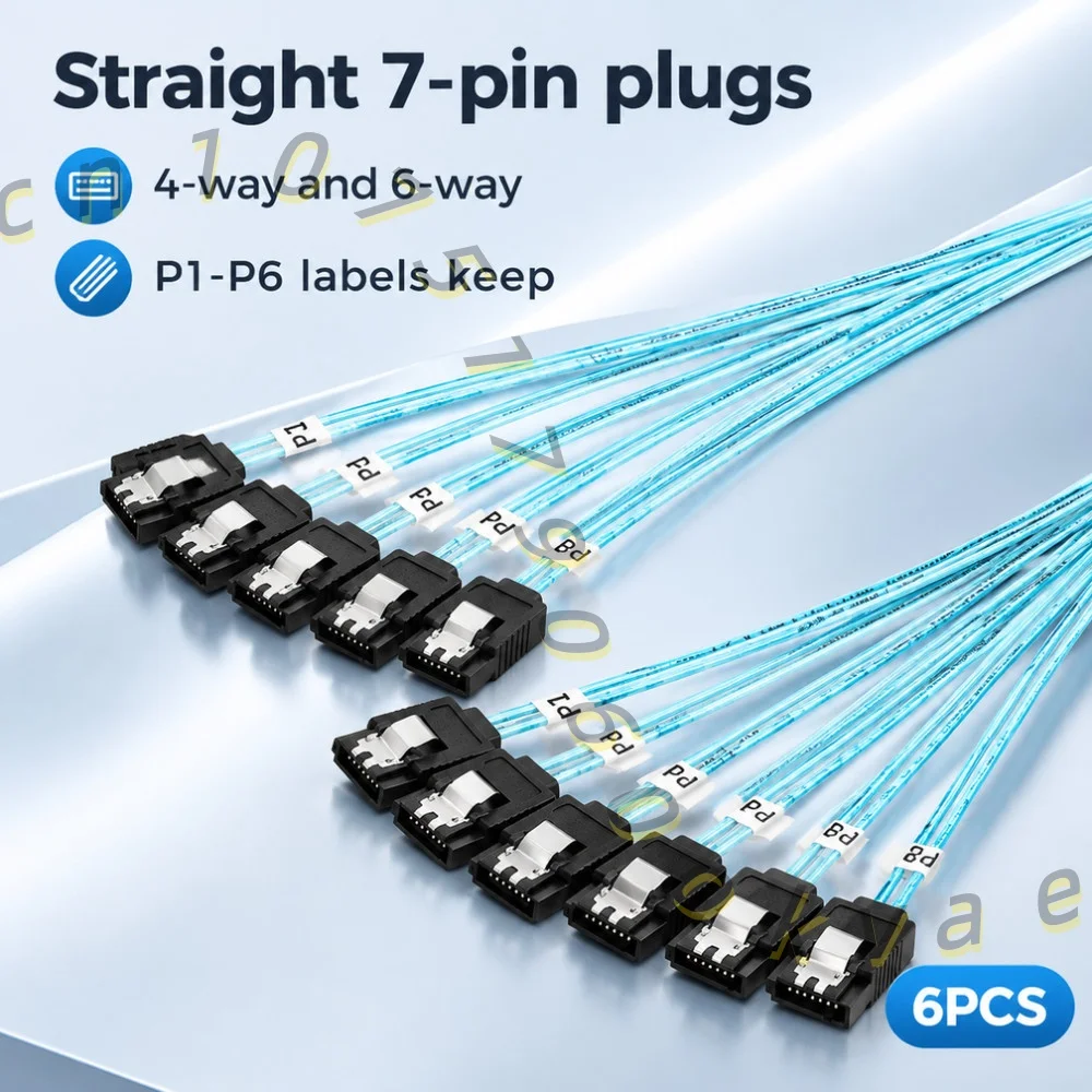 4/6 Port SATA 7 Pin to 7 Pin Straight Data Cable for SSD HDD Server Blue Cord