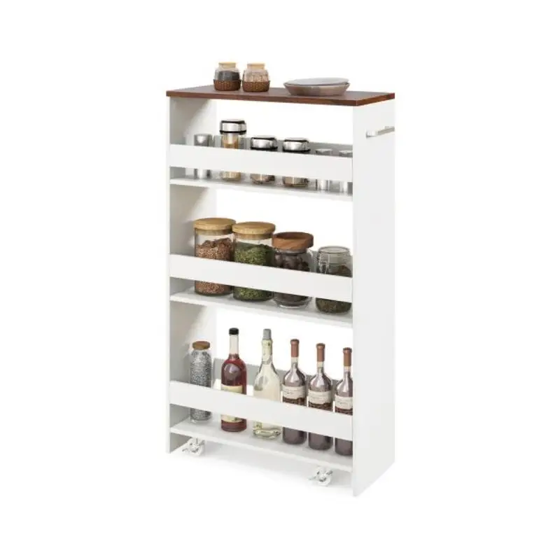 Carrito de Almacenamiento Rodante de 4 Niveles, Carrito de Cocina Delgado con Ruedas, Estantes Abiertos y Asa - Marrón Rústico