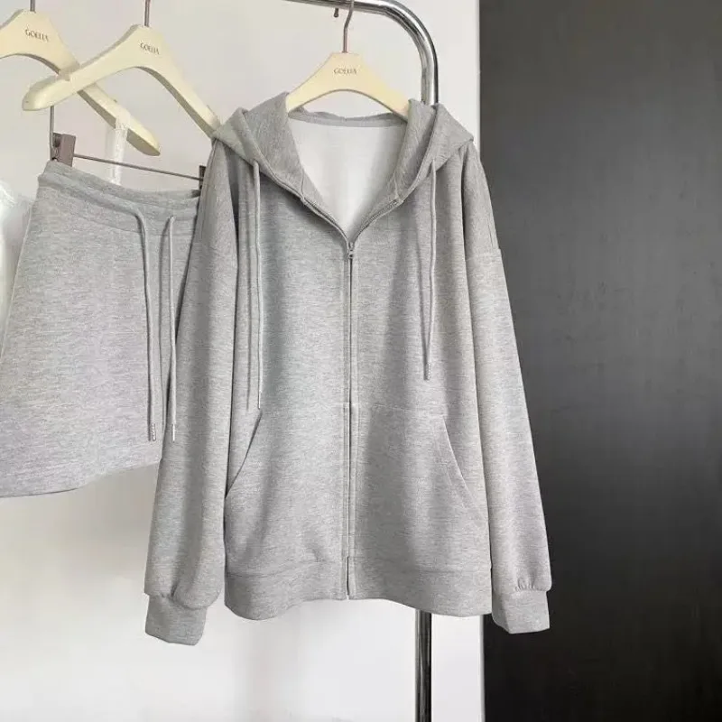Autumn New Women's Loose Zip Up Hooded Sweatshirt and Short Skirt Two-piece Set Korean Fashion Casual Hooded Cardigan Coats Y2k