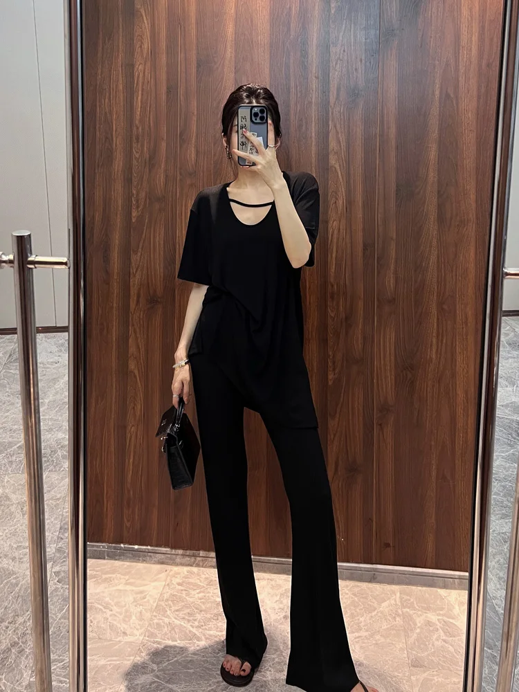 

Cool Black T-Shirt And Pants Set Women's Summer Fashion Loose Fit Long Pants with Elastic Waist Short Sleeve mid Length T-Shirt