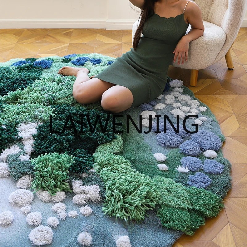 Jardin Monet Handmade Forest Carpet Green Moss round Fiber Art Tufting