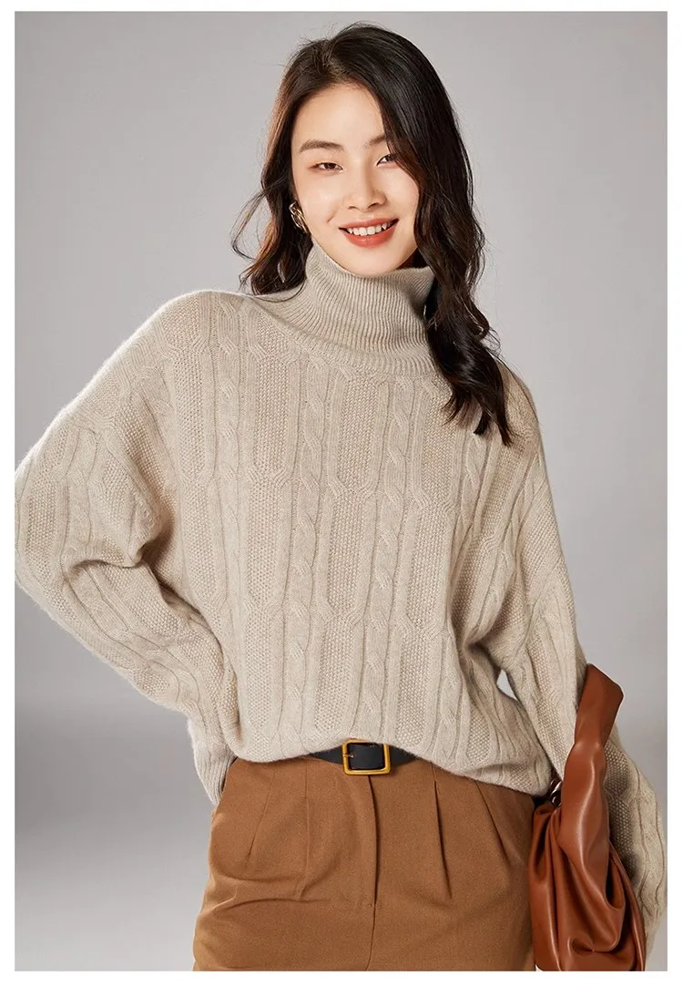 

Женский пуловер с высоким воротом из 100% шерсти Merino, осень-зима, толстый тяжелый повседневный модный вязаный кашемировый свитер