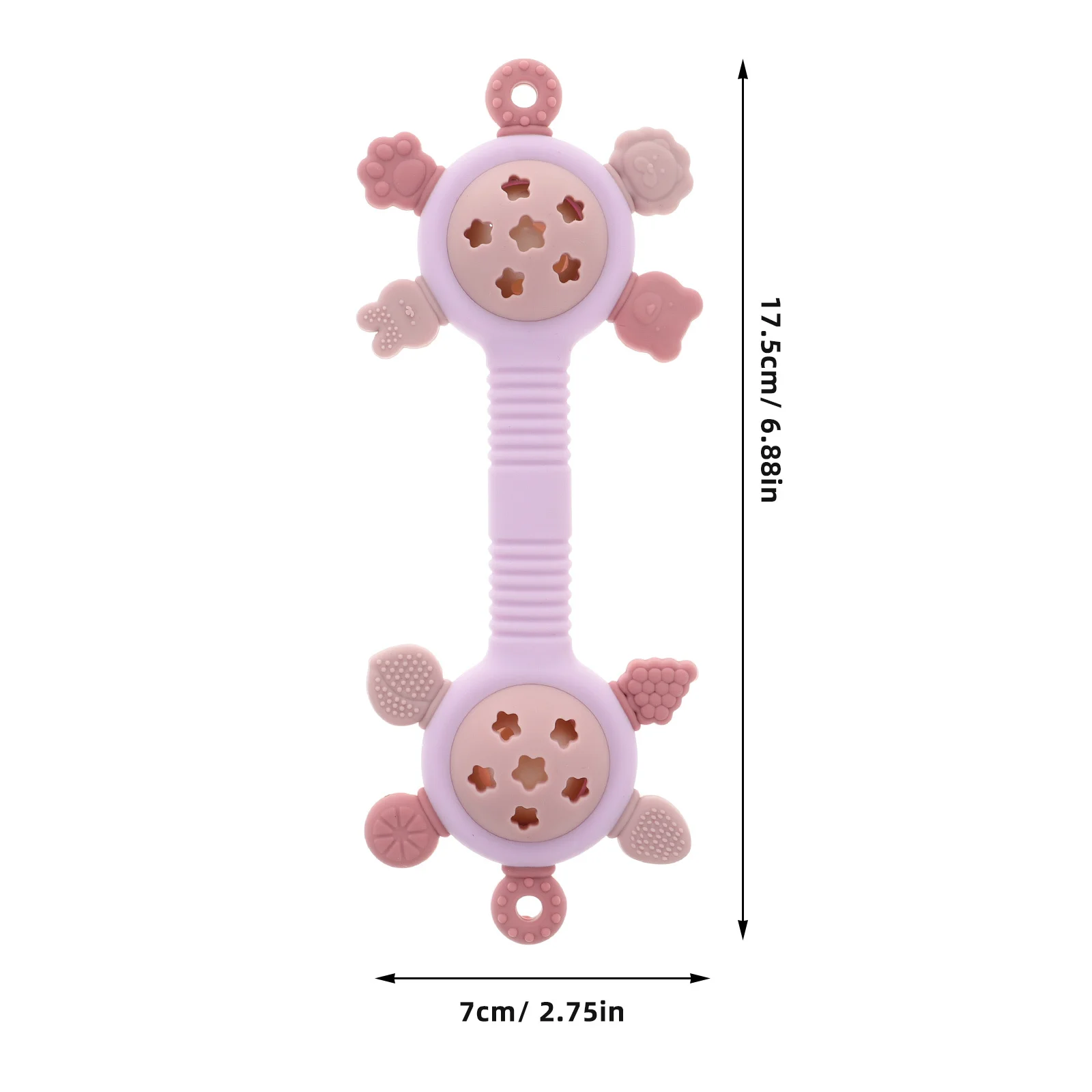 เครื่องเขย่าซิลิโคนสำหรับเด็กทารก ดีไซน์แบบสองหัว สีชมพู วัสดุนุ่ม เสียงอ่อนโยน ปลอบประโลม สำหรับเด็กผู้หญิง ทารก และเด็กวัยหัดเดิน เพื่อความสบายและปลอดภัย