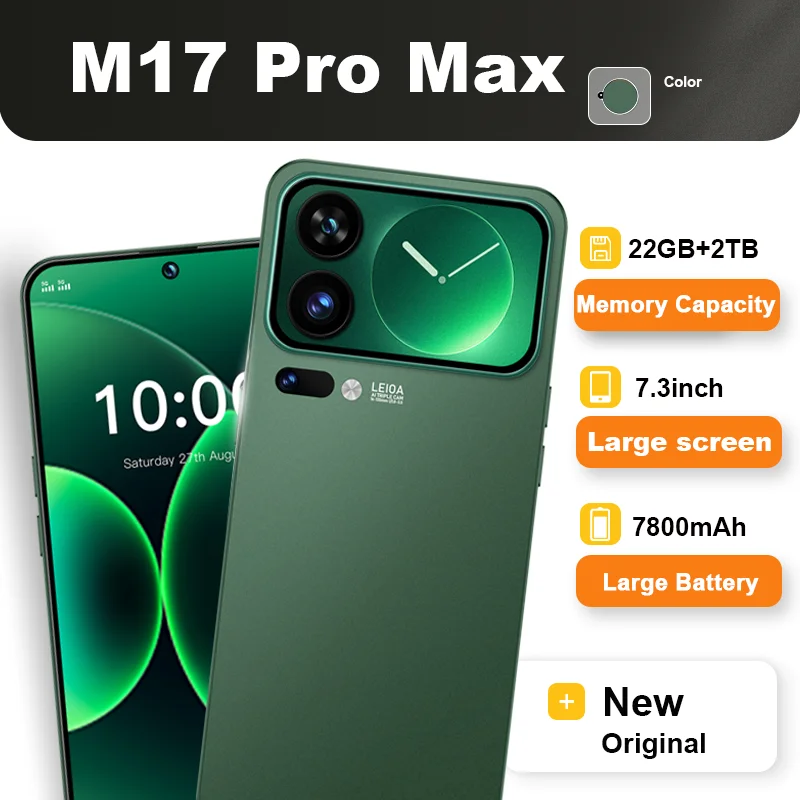NOVO! Versão Global Original para Celulares M17 Pro Max com Tela HD de 7.3 polegadas, 108MP de Alta Qualidade, 22GB, Android, Bateria de 7800mAh e Dual Chip