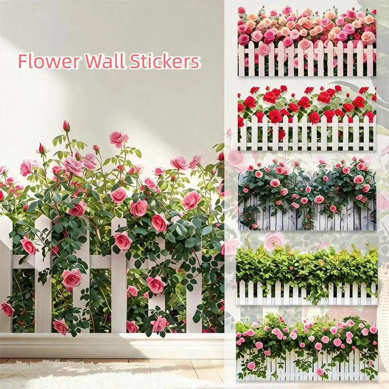 Rose Fence Flowers Wall Art Decor Living Room Self Adhesive Wall Stickers For Bedroom Office Decoration