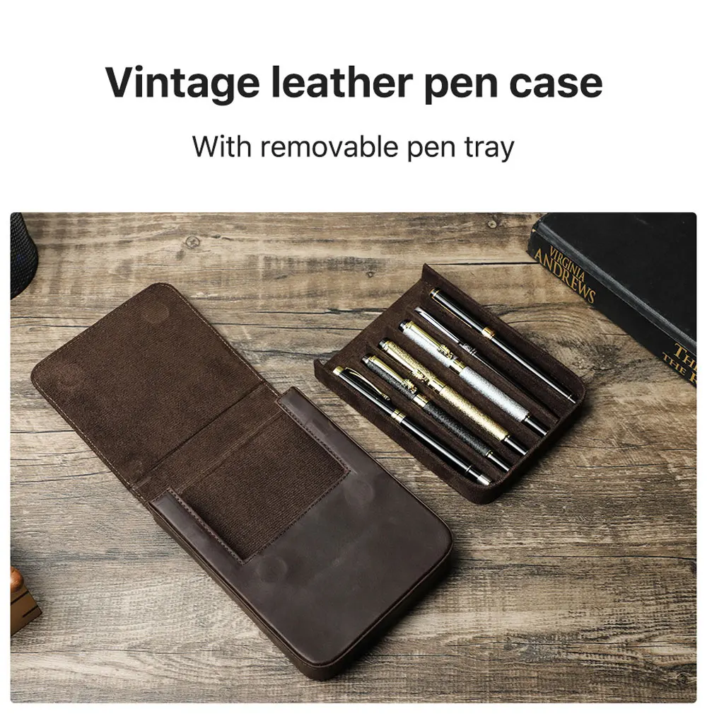 Handcrafted Top-grain Leather Fountain Pen Case 3 Slots Pen Storage Box Retro Metal Frame Pen Holder Stationery Collector Gifts