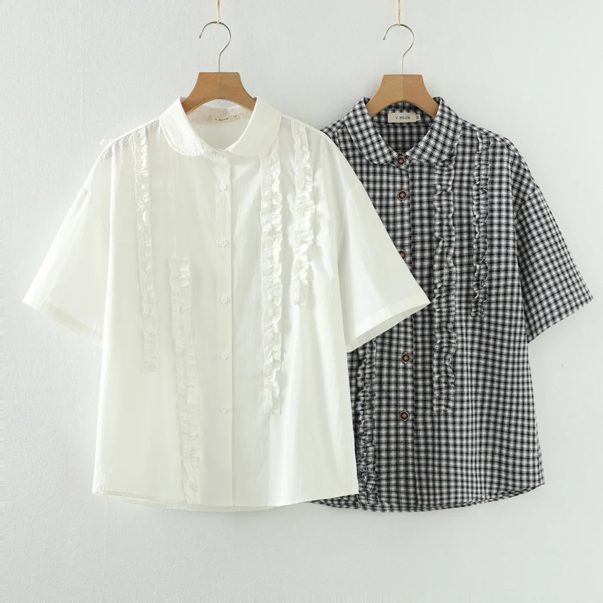

Mori girl style cotton shirts women summer Japan style peter pan collar white black plaid blouses with stringy selvedge tops
