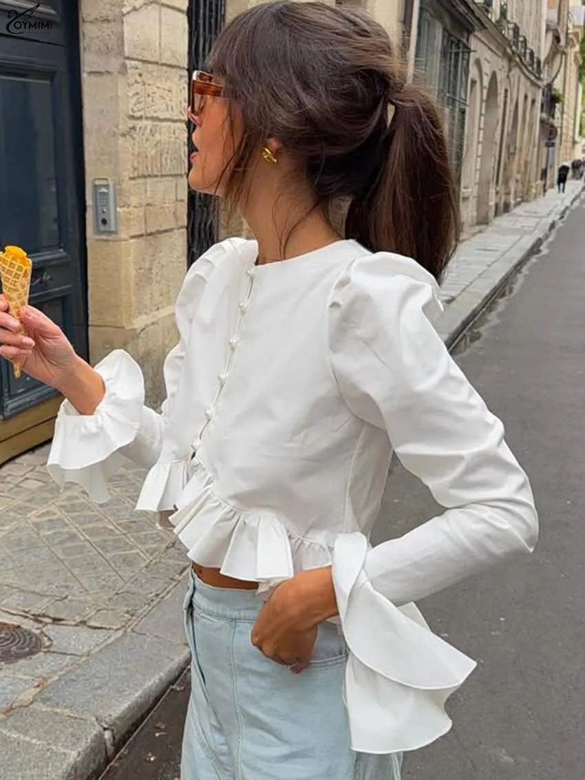 Oymimi Fashion White Cotton Women's Shirt Elegant O-Neck Long Sleeve Ruffled Shirts Casual Single Breasted Crop Shirt Streetwear
