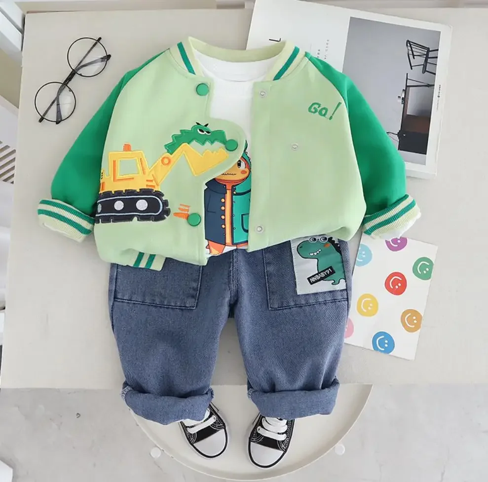 Kids Cartoon TrackSuits Spring Autumn Children Baby Clothing Dinosaur Baseball Sport Jacket+T-shirts+Pants 3pcs Boys Casual Sets