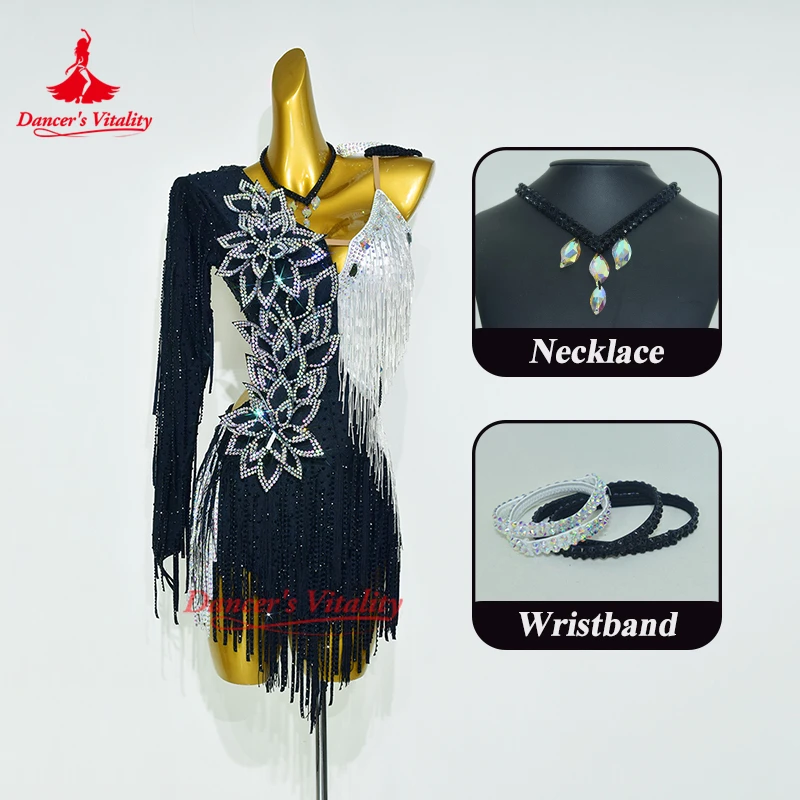 Latin Dance Sexy Backless Dress for Women High-end Customize Adult Single Sling Rumba Chacha Tassels Clothing Dancer's Vitality