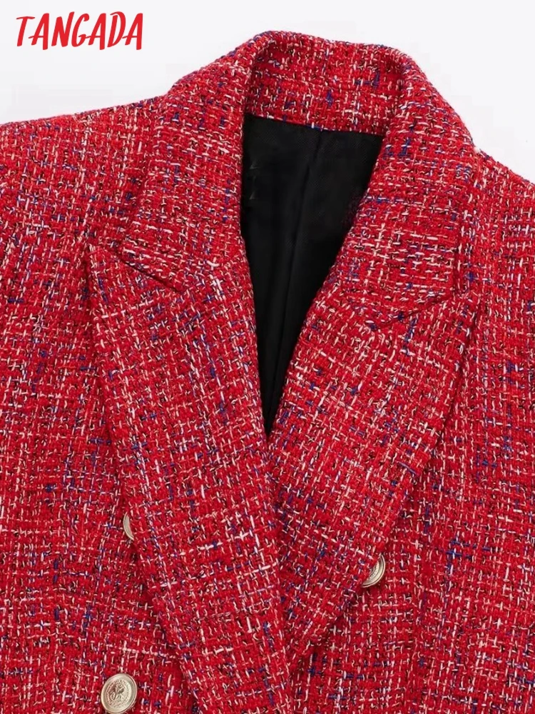 Tangada 2023 Autumn Winter Women Red Tweed Long Suit Coat Long Sleeve Pockets Office Lady Blazer 3H184